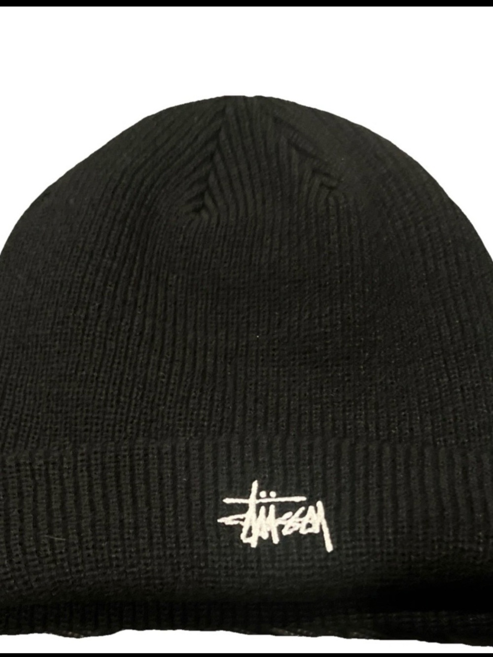 Stussy Black Beanie with White Script Embroidery